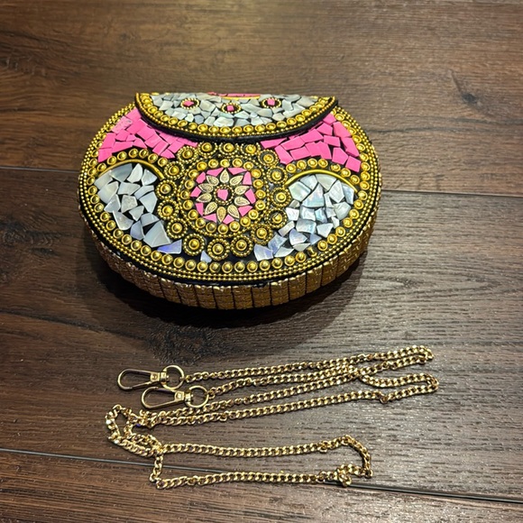 Ramla Mosaic Handmade Mosaic Moroccan multicolor Handbag with gold color chain. - Picture 5 of 9